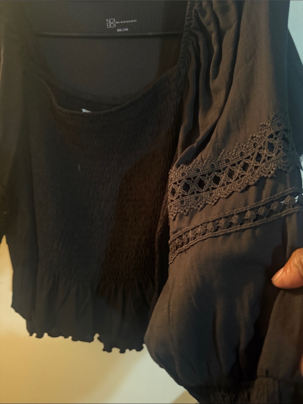 Women’s Black Crochet-Trim Smocked Peasant Blouse